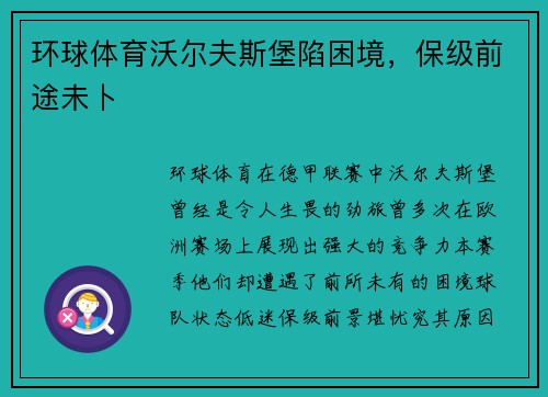 环球体育沃尔夫斯堡陷困境，保级前途未卜